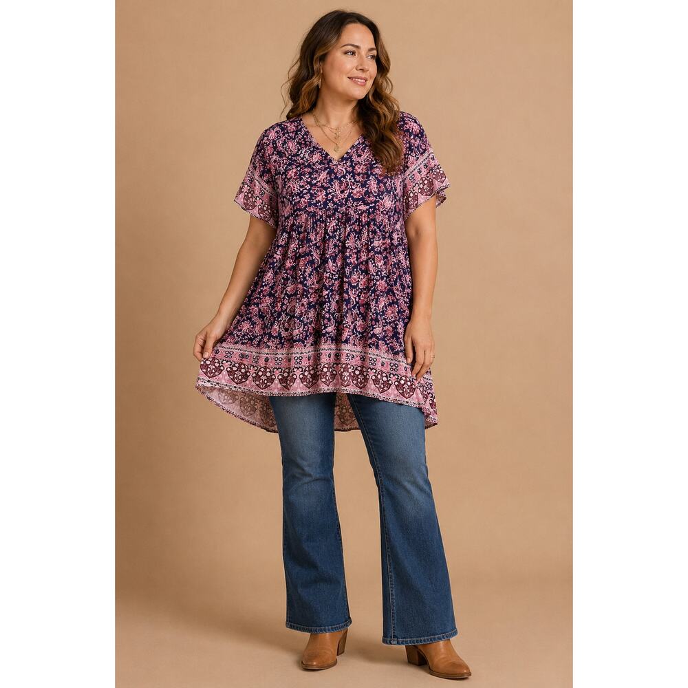 Knox Rose Purple Pink Paisley Floral Tunic Top 2X Boho Cottagecore